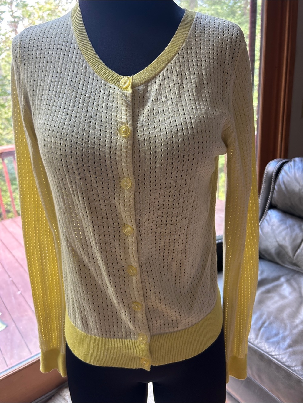 CAbi Soft Yellow Open-Knit Crewneck Cardigan